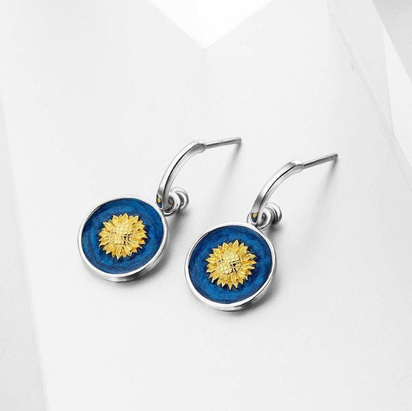 Sunflower Van Gogh Circle Drop Earrings