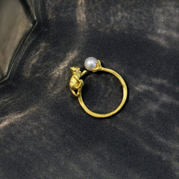 Cute Gold Cat Pearl Stackable Ring