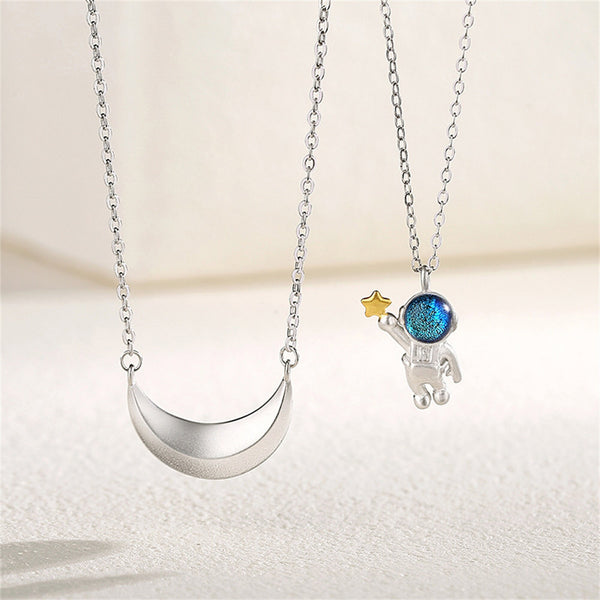 Spaceman Star Moon Couple Necklace