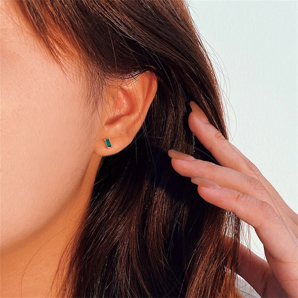 Tiny Green Emerald Cut Stud Earrings