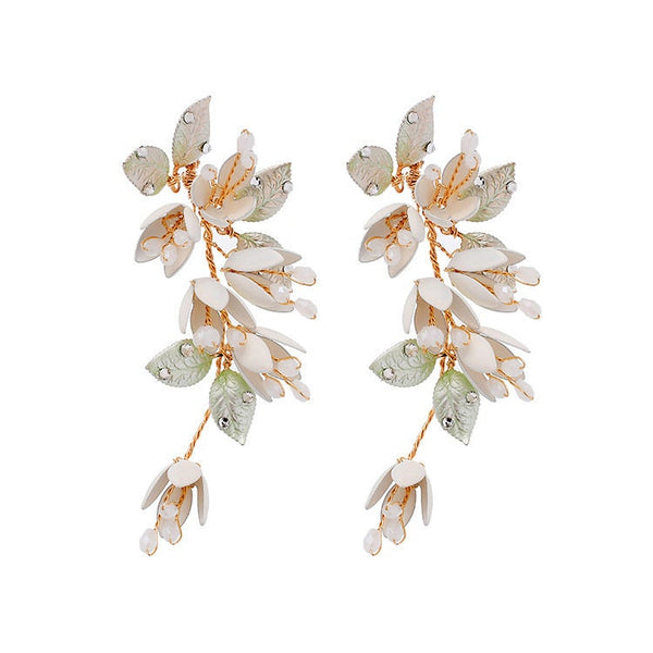 Leaf Pearl Dangle Drop Wedding Earrings