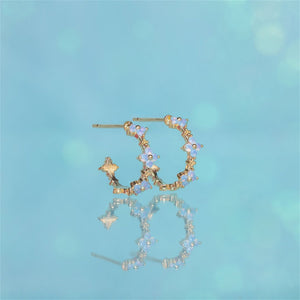 Gold Blue Opal Flower Hoop Earrings