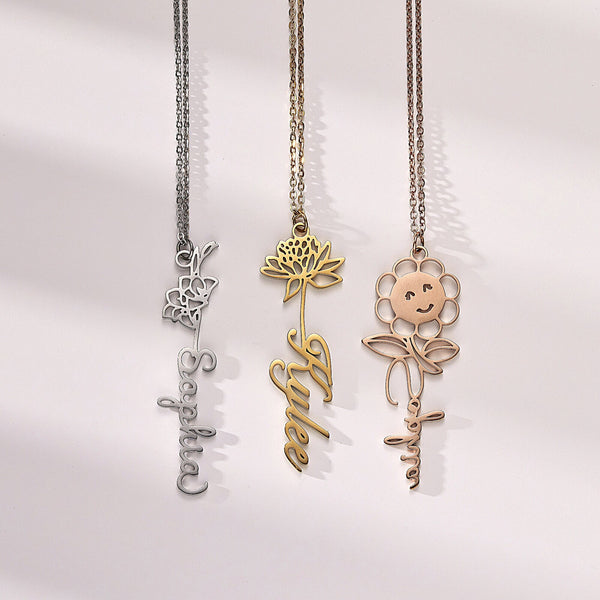 Birth Flower Custom Name Pendant Necklace