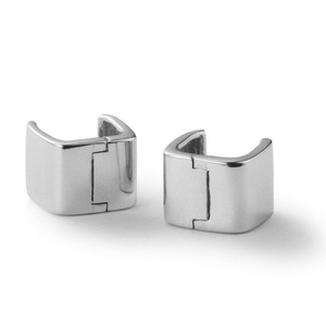 Silver square hoop earrings on a white background