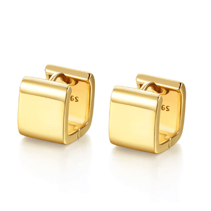 Gold square hoop earrings on a white background