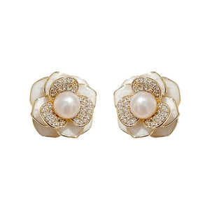 Pearl Camellia Flower Statement Stud Earrings - Perimade & Co.