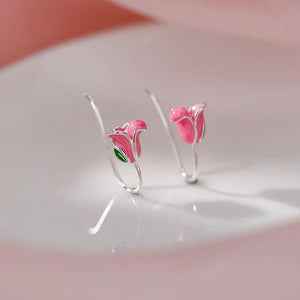 Pink Enamel Tulip Flower Drop Hook Earrings - Perimade & Co.