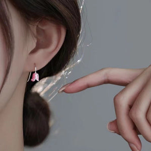 Pink Enamel Tulip Flower Drop Hook Earrings - Perimade & Co.