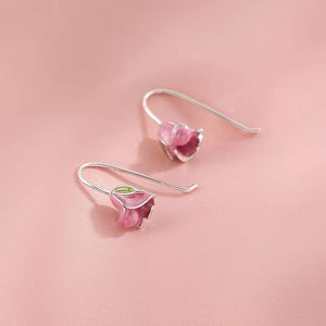 Pink Enamel Tulip Flower Drop Hook Earrings - Perimade & Co.