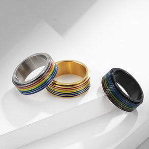 Three rings with colorful stripes on a white background