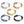 Set of five beaded rings in various colors on a white background