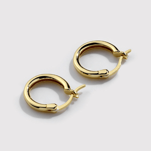 A set of two small hoop earrings with gold plating, displayed against a white background.